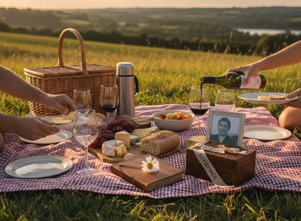 A serene picnic scene on a grassy hill at sunset features a red-checkered blanket with wine, bread, cheese, grapes, and a framed photo next to a "Remember" box. Two people pour wine and serve plates, creating a reflective and peaceful atmosphere.