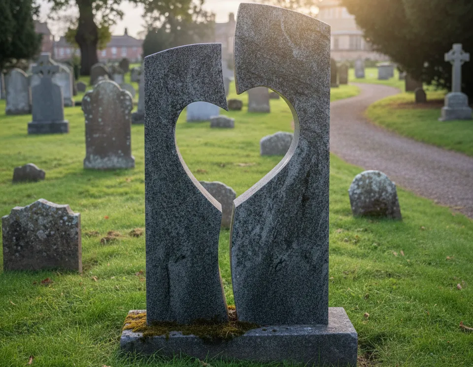 Modern headstone with heart-shaped cutout in a sunny cemetery, surrounded by lush green grass and weathered tombstones, conveying serenity.